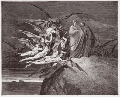 Die Göttliche Komödie, Inferno, Gesang 21: Die Dämonen bedrohen Virgil (Illustration von Gustave Doré) von Gustave Dore