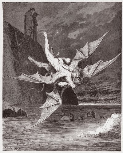 Die Göttliche Komödie, Inferno, Gesang 22: Alichino und Calcabrina ringen über dem Pech - von Dante Alighieri (1265-1321) - Illustration von Gustave Doré (1832-1883) von Gustave Dore