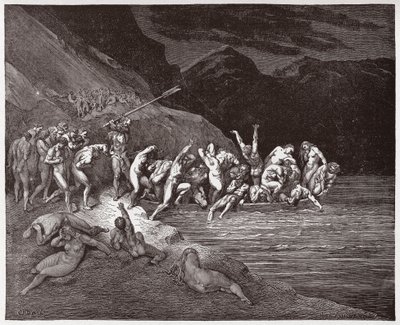 Die Göttliche Komödie, Inferno, Gesang 3: Die verdammten Seelen besteigen das Schiff, um den Acheron zu überqueren (Illustration von Gustave Doré) von Gustave Dore