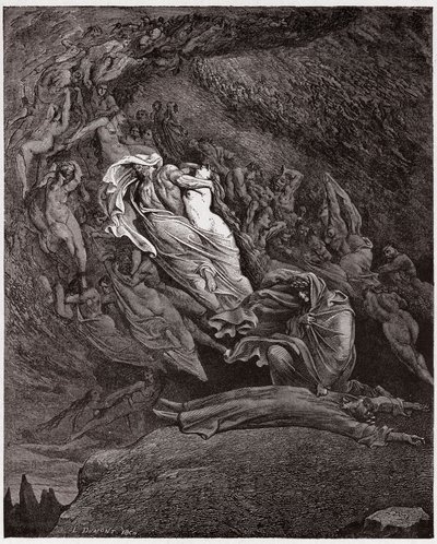 Die Göttliche Komödie, Inferno, Gesang 5: Francesca beschreibt ihren Tod (Illustration von Gustave Doré) von Gustave Dore