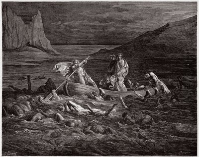 Die Göttliche Komödie, Inferno, Gesang 8: Phlegyas setzt Dante und Virgil über den Styx (Illustration von Gustave Doré) von Gustave Dore