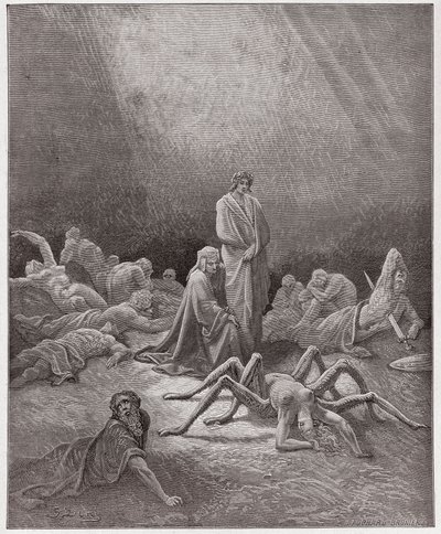 Die Göttliche Komödie, Purgatorio, Gesang 12: Dante betrachtet die Seele von Arachne - von Dante Alighieri (1265-1321) - Illustration von Gustave Doré (1832-1883) von Gustave Dore