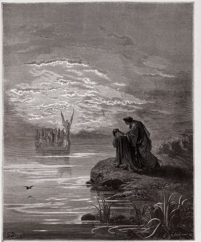 Die Göttliche Komödie, Purgatorio, Gesang 2: Dante verneigt sich vor dem Engelspiloten (Illustration von Gustave Doré) von Gustave Dore