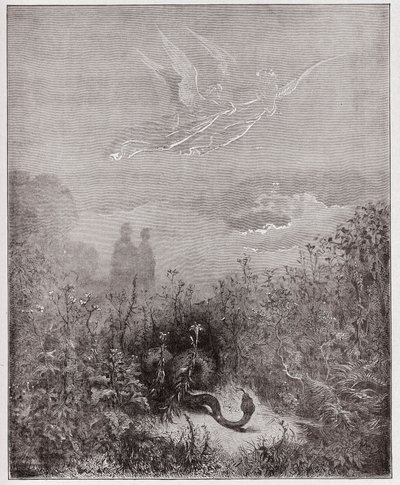 Die Göttliche Komödie, Purgatorio, Gesang 8: Die Engel vertreiben die Schlange - von Dante Alighieri (1265-1321) - Illustration von Gustave Doré (1832-1883) von Gustave Dore