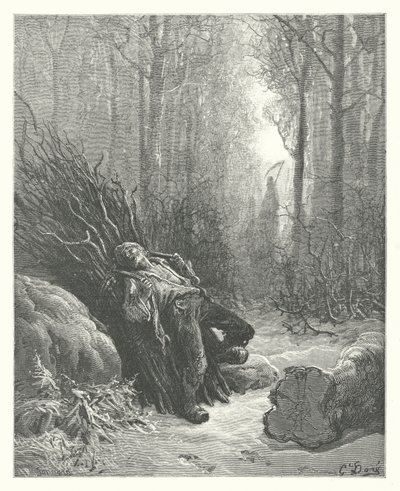 Die Fabeln von La Fontaine: Der Tod und der Holzfäller (Gravur) von Gustave Dore