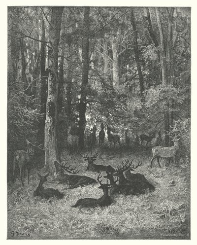 Die Fabeln von La Fontaine: Der kranke Hirsch (Gravur) von Gustave Dore