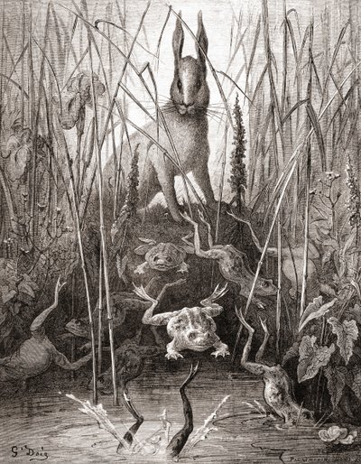 Der Hase und die Frösche, aus einer späten 19. Jahrhundert Ausgabe von Fables de La Fontaine von Gustave Dore