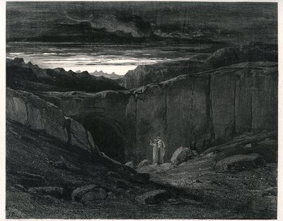 Die Hölle von Dante Alighieri (Die Göttliche Komödie) illustriert von Gustave Doré. Französische Ausgabe von 1861. Dante und Virgil am Eingang zur Hölle: „Lasciate ogni speranza, voi che 