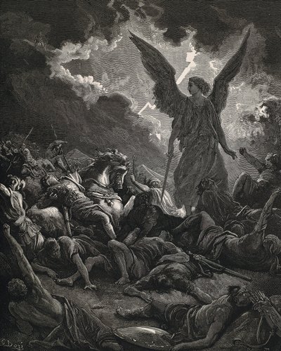 Die Heilige Bibel. 1866. SENNACHERIB (705-681 v. Chr.). König von Assyrien (705-681 v. Chr.). Engel des Herrn der Armee von Sanherib. Gravur von Gustave Dore