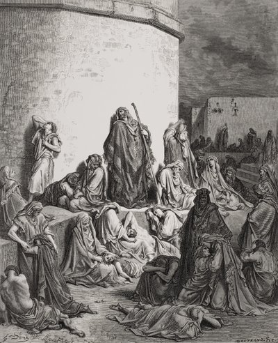 Das Volk trauert über die Ruinen Jerusalems, Klagelieder 1:1-2 Illustration aus Dores 