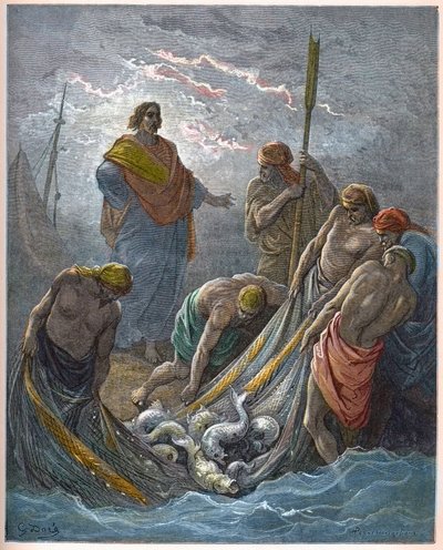 Der wunderbare Fischfang - Wunderbares Fischen - Gravur in „Die illustrierte Bibel“ von Gustave Doré (1832-1883) - Gravur aus „Die Doré-Bibel“. von Gustave Dore
