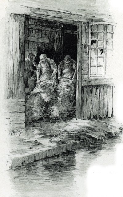 Gerber in der Rue des Gobelins in Paris Zeichnung von Gustave Fraipont (1849-1923) aus „La Seine à travers Paris“ von Saint-Juirs von Gustave Fraipont