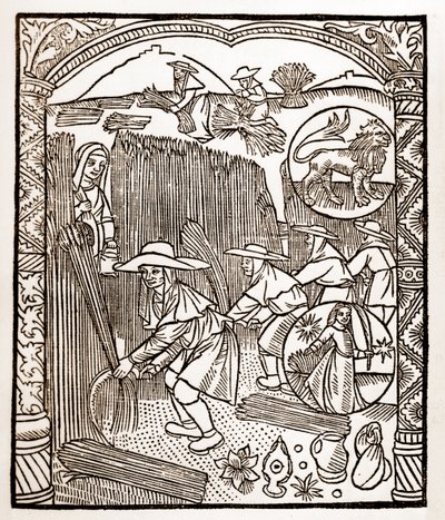 Hirtenkalender - Die Arbeiten der Monate - August - Holzschnitt aus dem Buch von 1496, gedruckt von Guy Marchant (Guido Mercator) in Troyes - Holzstich in „Le grand Calendrier et compost des bergers“ von Guy Marchant