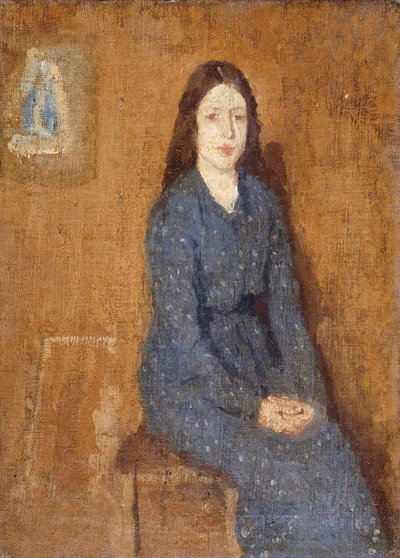 Sitzendes Mädchen im gepunkteten blauen Kleid von Gwen John