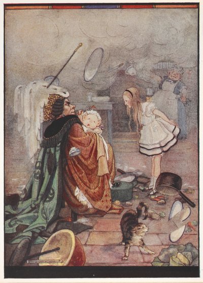 Eine chaotische Küchenszene mit der Herzogin, die ein als Baby verkleidetes Schwein trägt und mit Alice spricht, während der Koch Utensilien wirft von Gwynedd M. Hudson