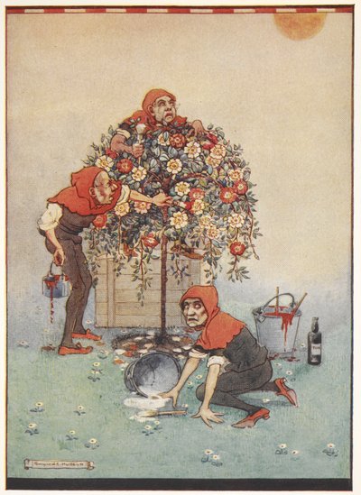 Die Gärtner der Herzkönigin malen die Rosen von weiß zu rot aus Alice im Wunderland von Gwynedd M. Hudson