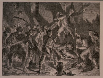 Das Massaker in den Gefängnissen im September 1792, graviert von Jean-Baptiste Charles Carbonneau (geb. 1815) von H. de la Charlerie