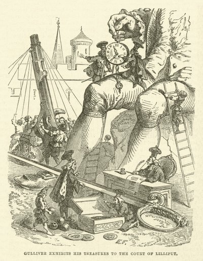 Gulliver zeigt seine Schätze dem Hof von Lilliput (Gravur) von after Hablot Knight Browne
