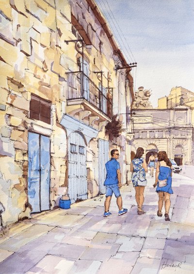 Dreier in Blau, Valletta, Malta, ca. 2024 von Hadley Rampton