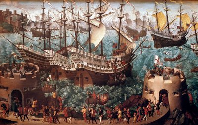 Einschiffung von Heinrich VIII. in Dover auf der Galeone Henri Grace a Dieu anlässlich des Handelsabkommens mit François I. am 7. Juni 1520 von Hans (after) Holbein the Younger