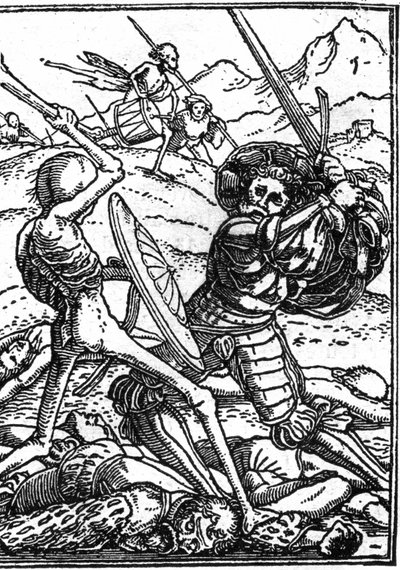 Der Scheintod von Hans Holbein dem Jüngeren: der Soldat. Ein Soldat kämpft gegen den Tod; zu ihren Füßen liegen die Leichen anderer Krieger. Gravur von Hans (after) Holbein the Younger