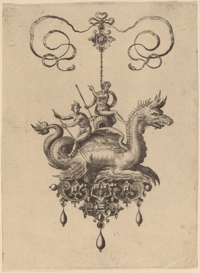 Entwurf für ein Anhänger mit einem Seeungeheuer, das Neptun auf einer Urne trägt, flankiert von einem Flussgott mit einem Ruder von Hans Collaert the Elder