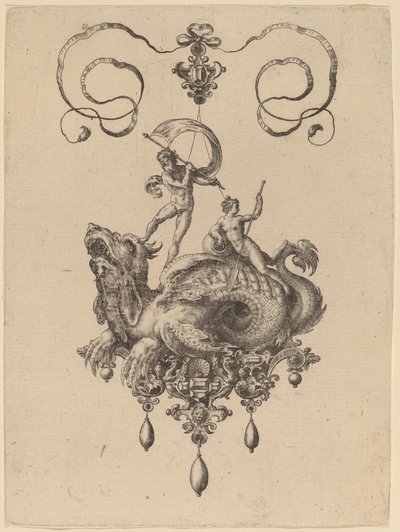 Entwurf für ein Anhänger mit einem Seeungeheuer, das Thetis und einen Mann mit einem Segel trägt von Hans Collaert the Elder