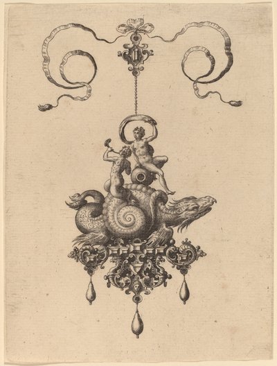 Entwurf für ein Anhänger mit einem Seeungeheuer in einer Muschel, das einen Triton und eine Frau mit einem Segel trägt von Hans Collaert the Elder
