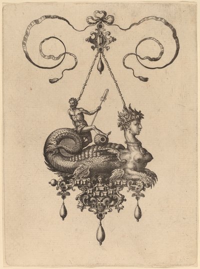 Entwurf für ein Anhänger mit einer Sphinx mit dem Körper eines Fisches, der einen Mann mit einem Ruder trägt von Hans Collaert the Elder