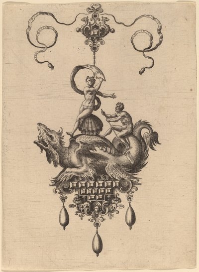 Entwurf für ein Anhänger mit einem geflügelten Seeungeheuer, das Venus Anadyomene auf einer Muschel trägt, und einem Mann mit einem Ruder von Hans Collaert the Elder