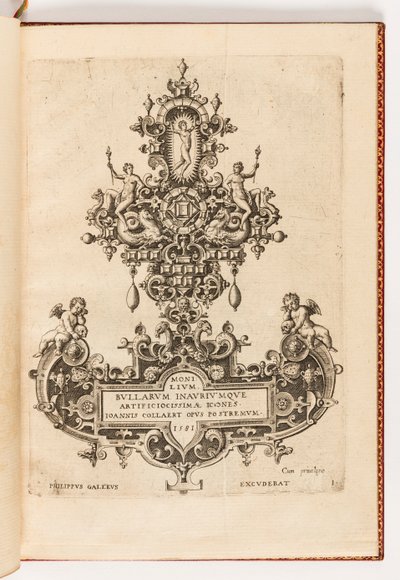 Tafel 1, Titelseite aus einer Serie von zehn, betitelt Monilium Bullarum Inauriumque Artificiocissimae Icones, Ioannis Collaert Opus Postremum (Entwürfe für Halsketten, Anhänger und Ohrringe von höchster Kunstfertigkeit, das letzte Werk von Joannis Collaer von Hans Collaert the Elder