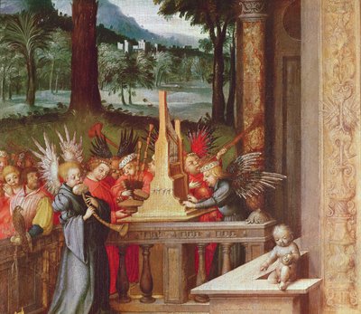 Jungfrau, Kind und Heilige (Detail) der Engel, die Orgel spielen von Hans Holbein the Elder
