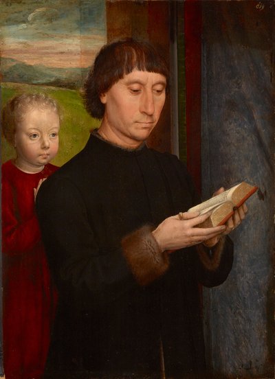 Betender Mann mit seinem verstorbenen Sohn, von Hans Memling (1433/40-1494). Öl auf Holz von Hans Memling