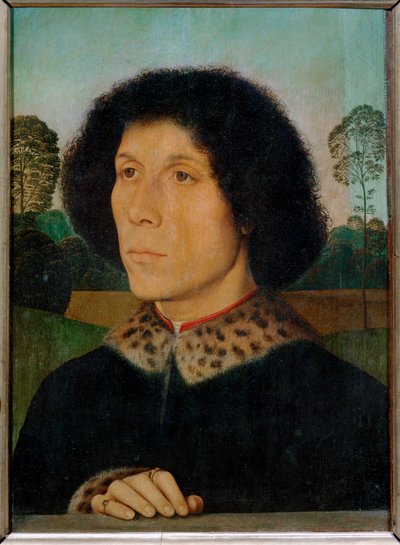 Männliches Porträt mit Landschaft von Hans Memling