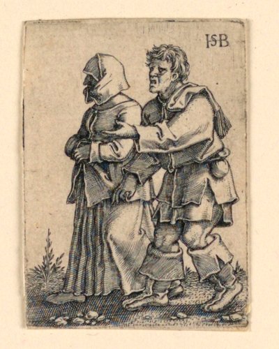 Die Hochzeitsprozession: Paar geht nach links, Frau trägt eine Haube von Hans Sebald Beham