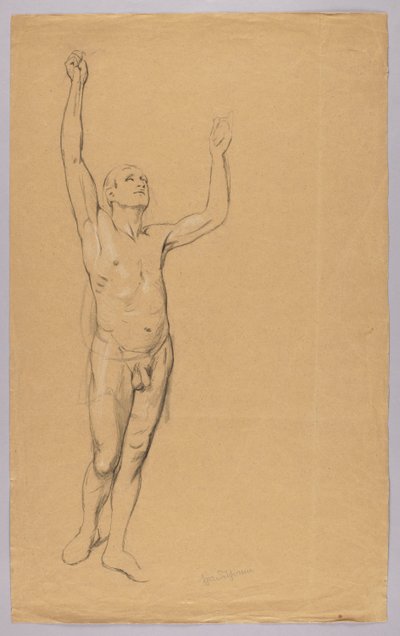 Akt eines Mannes mit erhobenen Armen von Hans Thoma