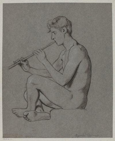 Akt eines jungen Mannes, der Flöte spielt von Hans Thoma