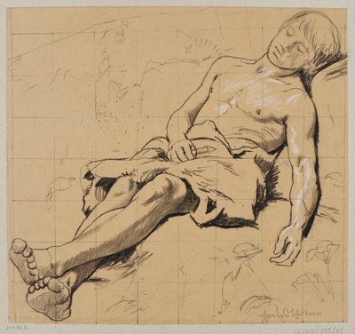 Halbnackter Hirte mit einem Lendenschurz aus Leder, auf einer Wiese schlafend von Hans Thoma