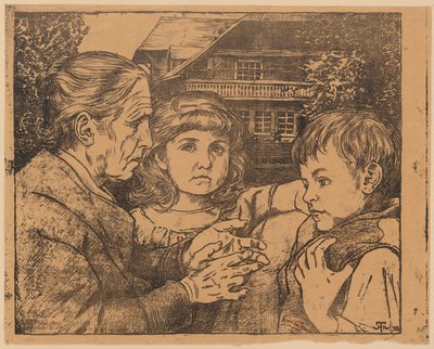 Alte Frau erzählt Märchen zwei Kindern vor einem Schwarzwaldhaus von Hans Thoma