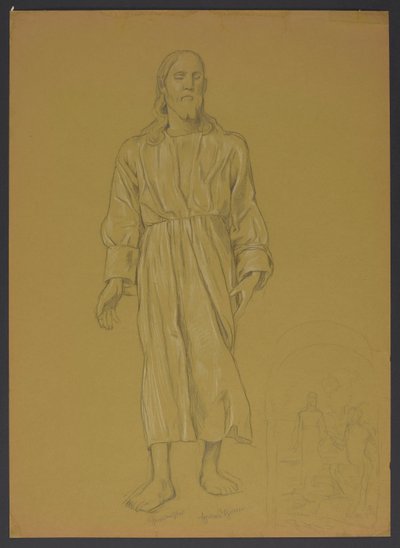 Studie der Gestalt Christi, daneben, unten, Skizze zum Gemälde "Taufe Christi" von Hans Thoma