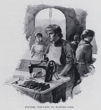 Anpassen von Zehenkappen an Hausschuhoberteile (s/w Foto) von Harold Hume Piffard