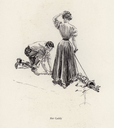 Mann trägt Schläger für eine Frau auf dem Golfplatz von Harrison Fisher