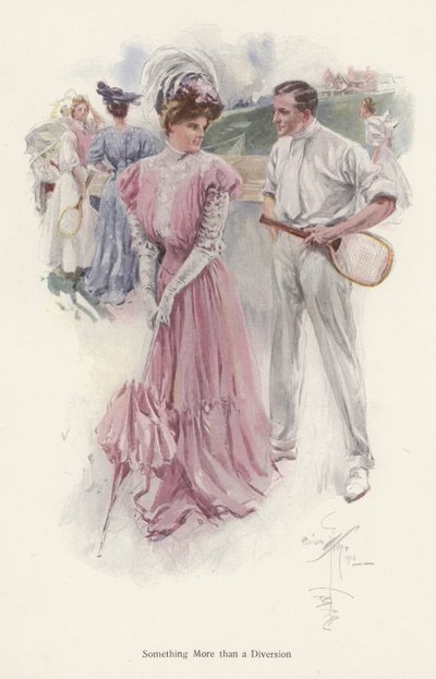 Mann unterbricht sein Tennisspiel, um mit einer jungen Frau zu sprechen (Farblithografie) von Harrison Fisher