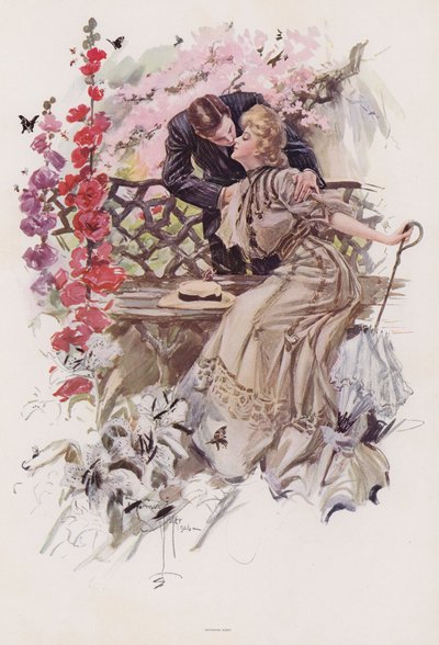 Mann küsst eine Frau im Garten von Harrison Fisher