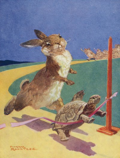 Äsops Fabeln: Der Hase und die Schildkröte (Farblithografie) von Harry (1878 1950) Rountree