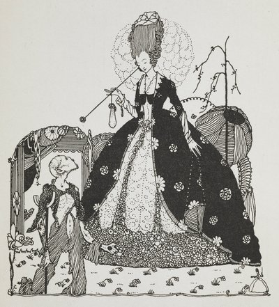 Eine Dame schaut auf einen Bauern herab, der um Geld bettelt. von Harry Clarke