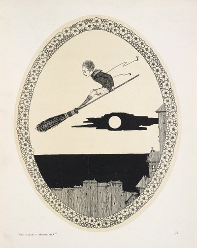 "Wenn ich einen Besenstiel hätte". Illustration zu einem Gedicht von Patrick R. Chalmers. Ein Junge auf einem Besenstiel von Harry Clarke