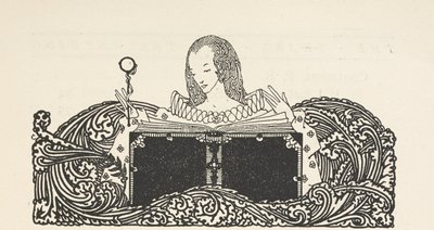 Illustration, die eine Frau zeigt, die ein Buch liest, oben auf der Inhaltsseite. von Harry Clarke