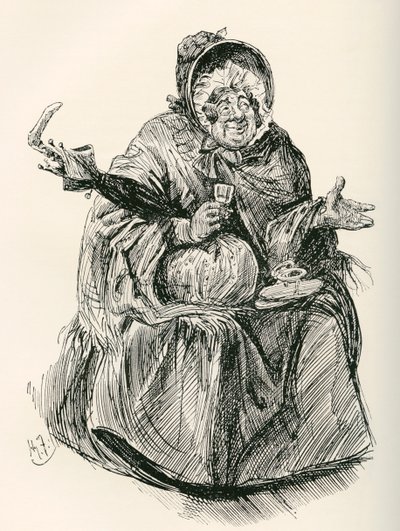 Mrs. Gamp. Illustration von Harry Furniss für den Charles Dickens Roman Martin Chuzzlewit, aus der Testimonial Edition, veröffentlicht 1910 von Harry Furniss