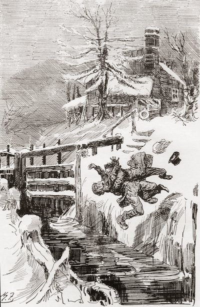 Der Todeskampf im Schloss. "Hab ich dir nicht gesagt." "Ich halte dich lebendig, und ich halte dich tot." schrie Bradley, als Riderhood rückwärts über die glatte Grube ging und Bradley Headstone auf ihm." Illustration von Harry Furniss für den Roman von Ch von Harry Furniss